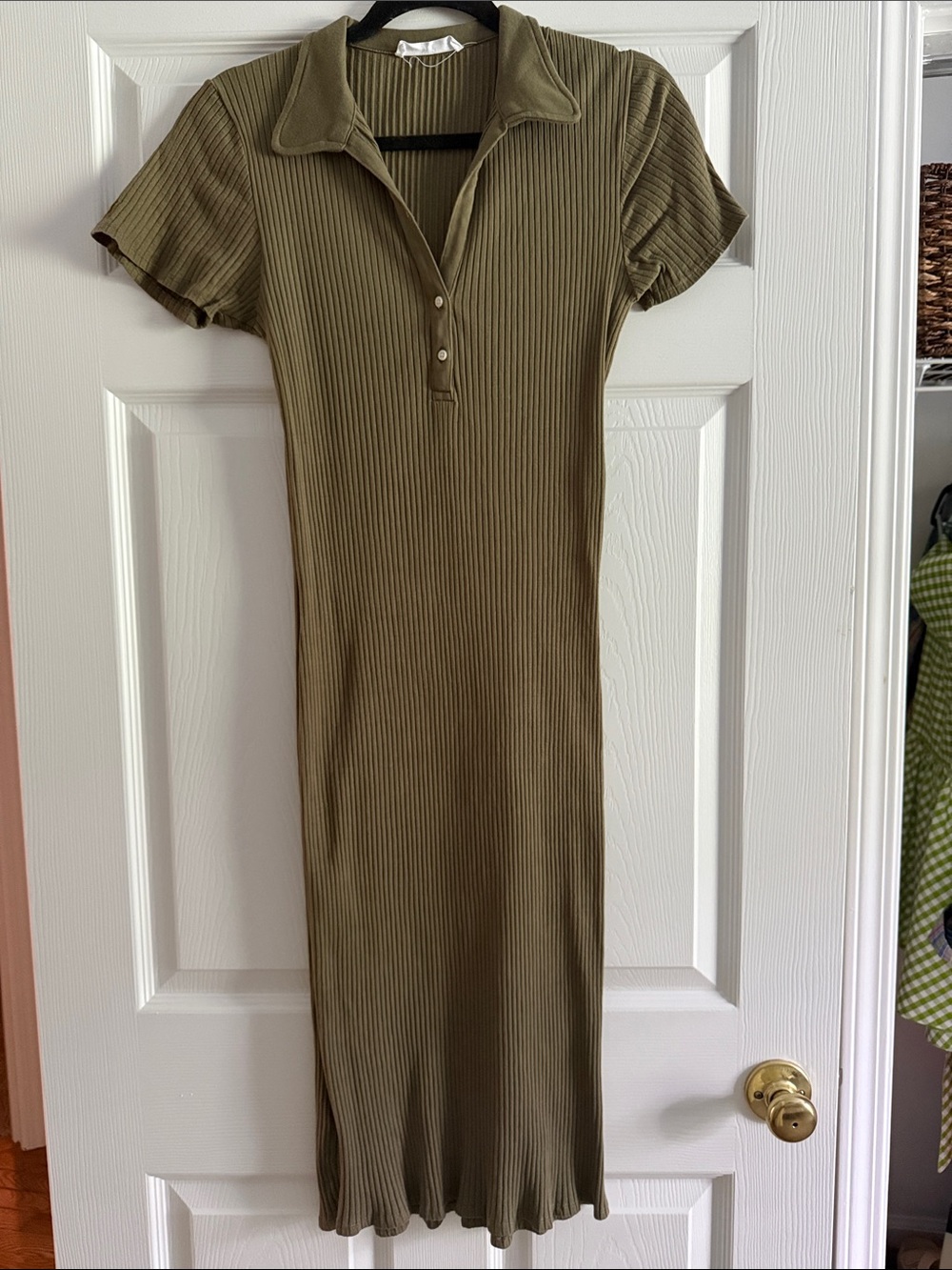 Mango Olive Ribbed Polo Midi Dress